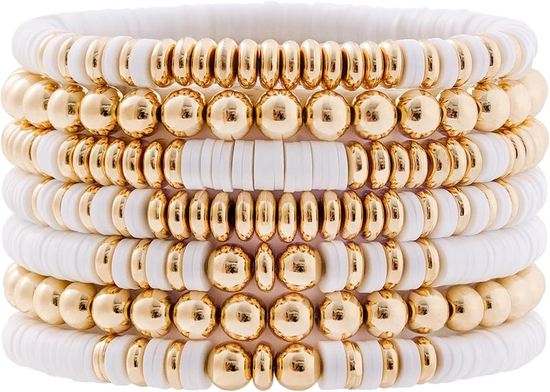 GOOJIDS Surfer Heishi Clay Bead Bracelets for Women Bohemian Stackable Gold Plated Beaded Stretch Bracelets Elastic Layering Friendship Bracelets Set Boho Jewelry - Image 1